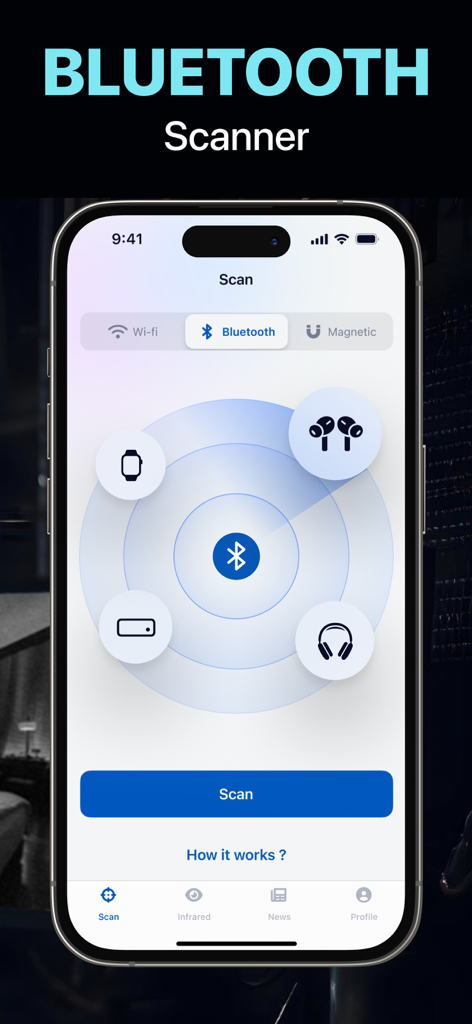 Hidden Camera Detector FindSpy - FindSpy app Bluetooth scanner screen showing a radar display with icons for earbuds, smartwatch, and headphones to detect hidden devices.