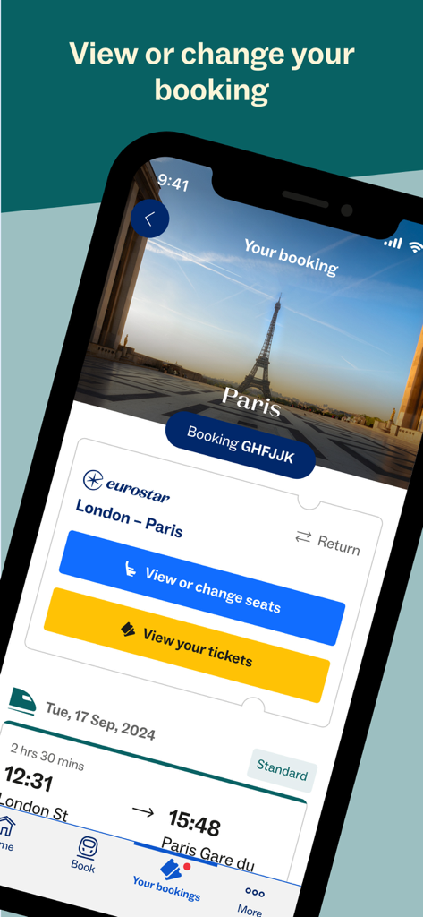 Eurostar: Train travel & Hotel - Screen of the Eurostar app showing details for a train trip from London to Paris with options to view tickets and change seats.