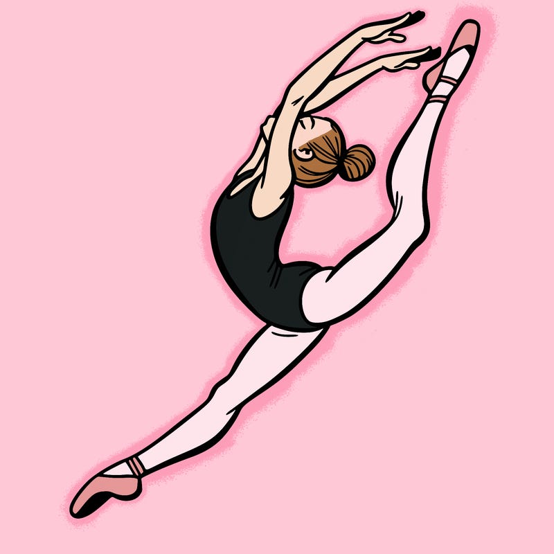 gymnast doing a leap in a leotard with a bent back leg