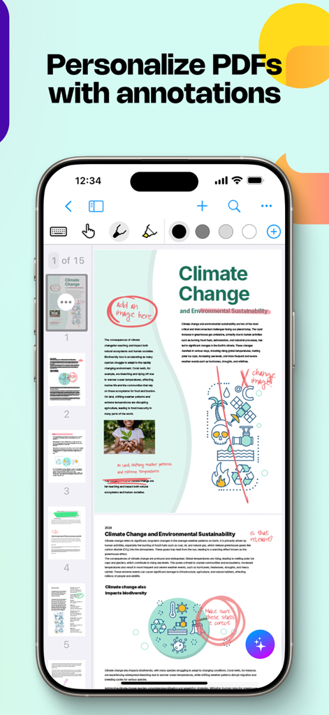 MyScript Notes interface on an iPhone displaying handwritten highlights and notes on a PDF document