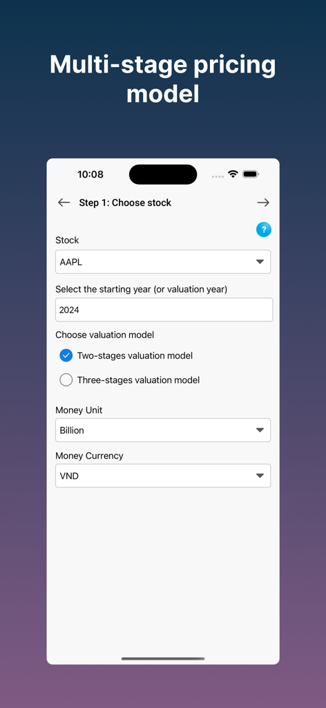 Interfaz de la aplicación DCF Valuation para seleccionar modelos de precios de acciones y multietapa