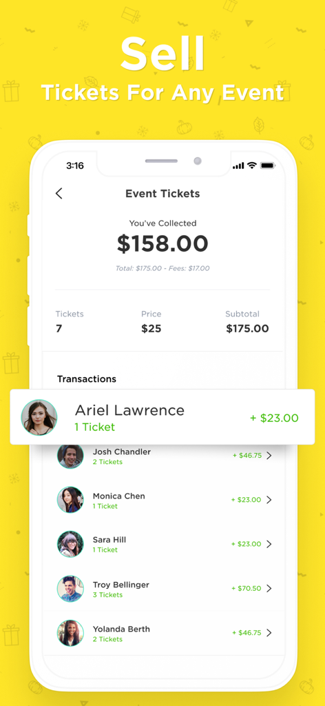 Hobnob Invitation Maker - A screen from the Hobnob app showing a list of guest ticket purchases and the total amount of money collected for an event.