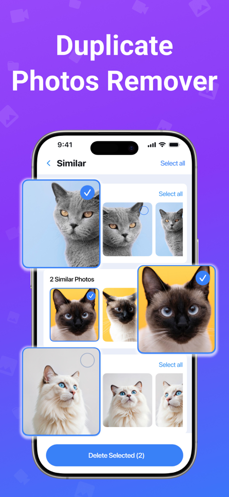 Storage Cleaner - Boost Mobile - Storage Cleaner app interface showing duplicate photos removal feature with selected images on an iPhone