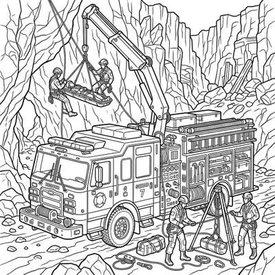 Embark on an exciting coloring adventure with this detailed technical rescue vehicle template. It showcases brave rescuers tackling a challenging operation, perfect for fans of emergency services and intricate designs.