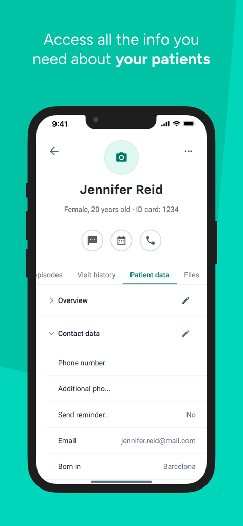 Mobile app interface of Doctoralia for specialists showing a detailed patient profile with contact information and medical history tabs