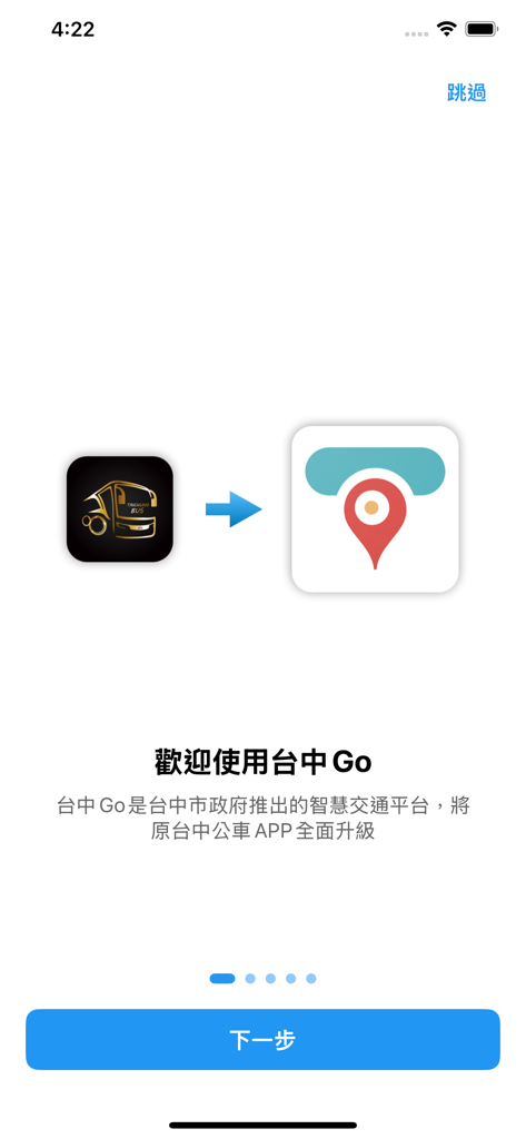 台中Go - 타이중Go 앱의 환영 화면. 이전 타이중 버스 아이콘에서 새로운 스마트 교통 플랫폼 로고로 전환되는 모습.