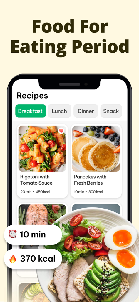 Aplicativo de jejum intermitente mostrando receitas de alimentos saudáveis para o período de alimentação, incluindo rigatoni e panquecas com contagem de calorias.