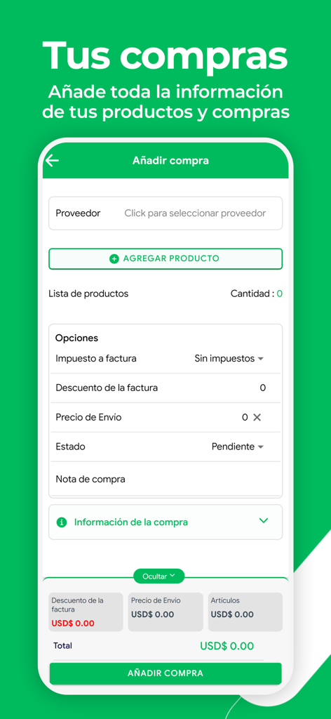 Ventas CLOUD - Pantalla móvil de la aplicación Ventas CLOUD que muestra el formulario para agregar una nueva compra comercial, incluida la selección del proveedor y la lista de productos