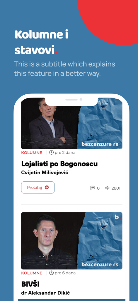 Bez Cenzure - セルビア語のニュースコラムや意見記事を表示する検閲なしアプリのインターフェイス
