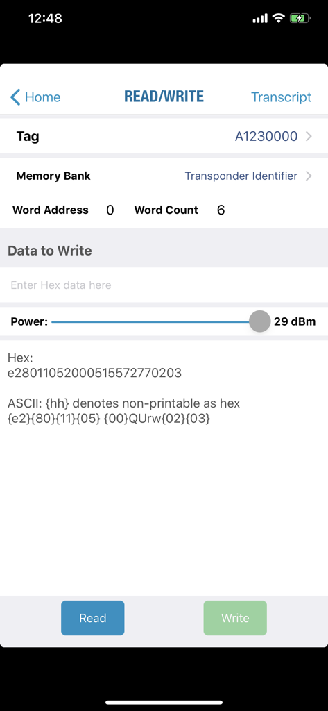 RFID Explorer - Screenshot der RFID Explorer App, der die Lese- und Schreiboberfläche für ein bestimmtes Tag mit Leistungseinstellungen und Hex-Datenanzeige zeigt.