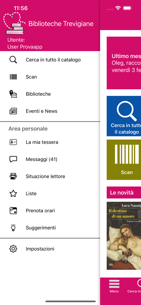 TVB - Menu laterale dell'app TVB Treviso Biblioteche con opzioni di ricerca, scansione e account personale.