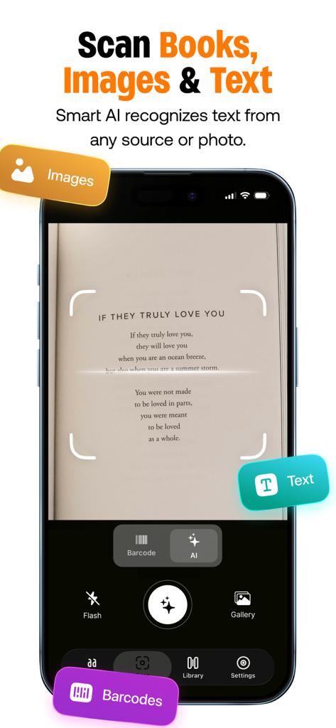 Smartphone screen showing CiteAI scanning a book page to extract text for citations.
