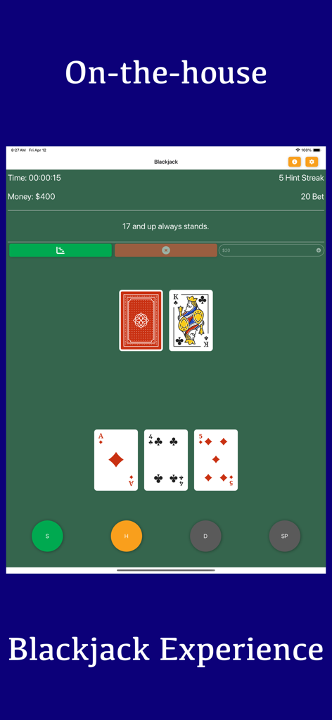 Gameplay screen of Blackjack Strategy Training showing a card hand and betting options