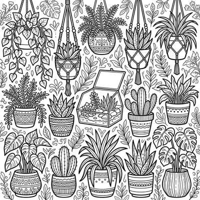 Immerse yourself in a beautiful botanical world with this intricate coloring page featuring a diverse collection of indoor plants and stylish planters. Unleash your artistic flair as you bring these leafy greens and decorative pots to life with your favorite colors.