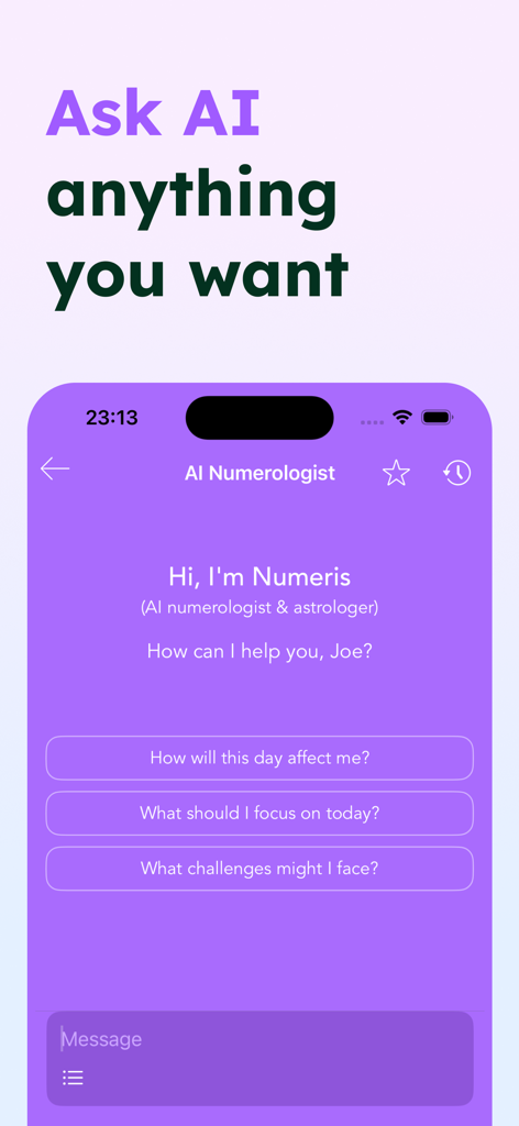 Pocket Numerology Pro - Interface of the AI Numerologist feature showing personalized chat options in the Pocket Numerology Pro app