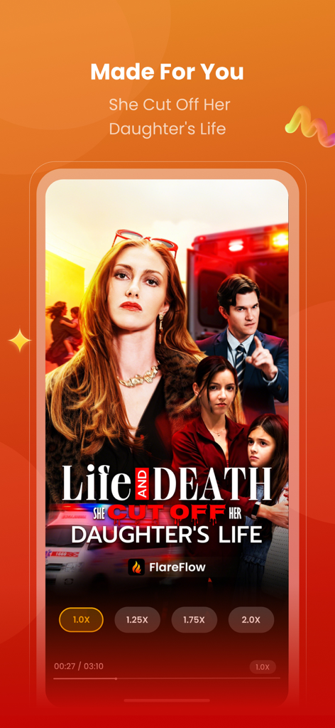 FlareFlow - Écran de l'application mobile FlareFlow montrant un court drame intitulé Life and Death avec des contrôles de vitesse de lecture