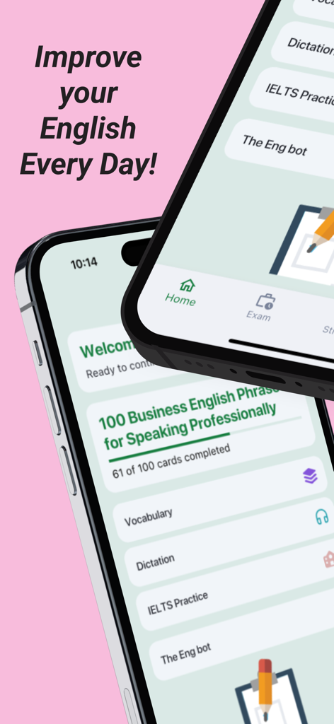 The Eng - English Practice - Interface do aplicativo móvel The Eng mostrando frases de inglês para negócios e módulos de prática IELTS em um smartphone