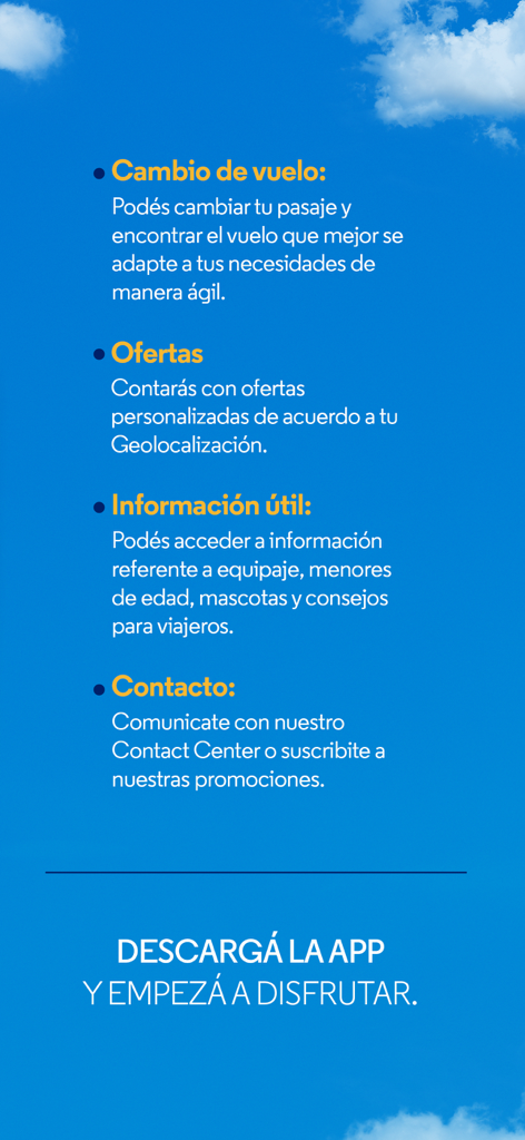 Interfaccia dell'app Aerolíneas Argentinas che mostra offerte di modifiche ai voli e informazioni di viaggio