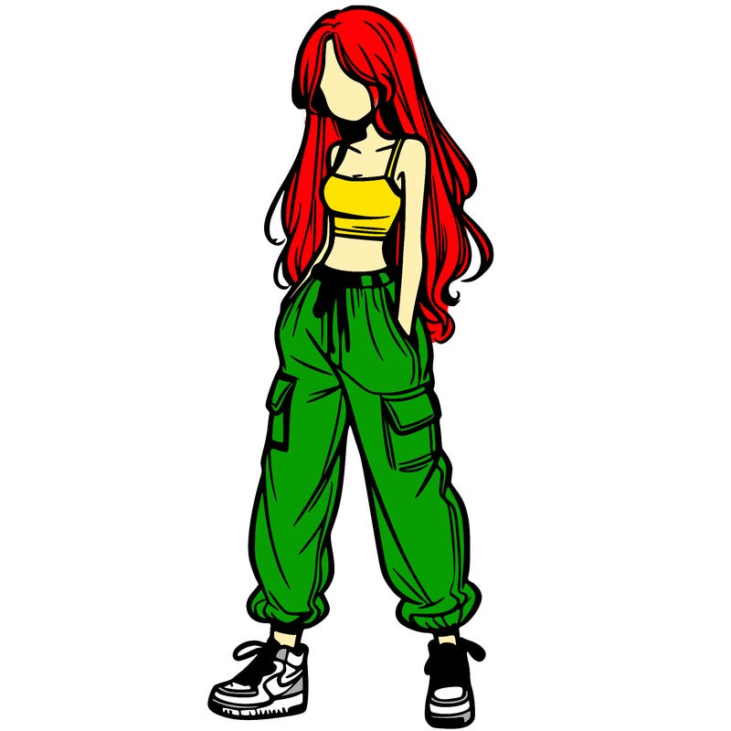 girl in baggy pants crop top and long hair