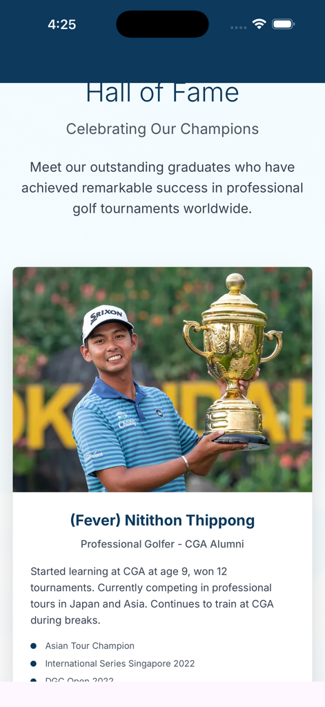 CGA Golf School - Professional golfer and CGA alumni Nitithon Thippong holding a trophy in the Hall of Fame section of the app