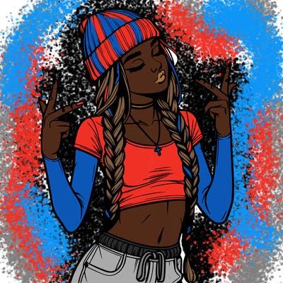 realistic teenage girl with braids and a beanie and crop top doing 🫶🏼