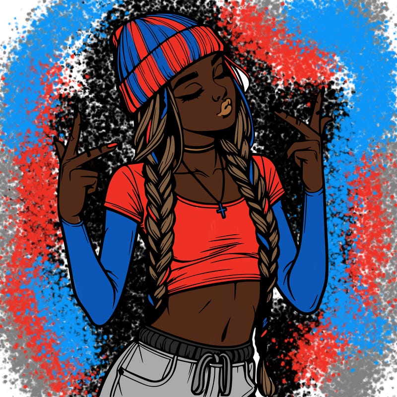 realistic teenage girl with braids and a beanie and crop top doing 🫶🏼