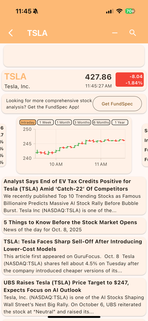 Cotação de preço de ações da Tesla em tempo real com gráfico intradiário e manchetes de notícias financeiras em uma interface minimalista