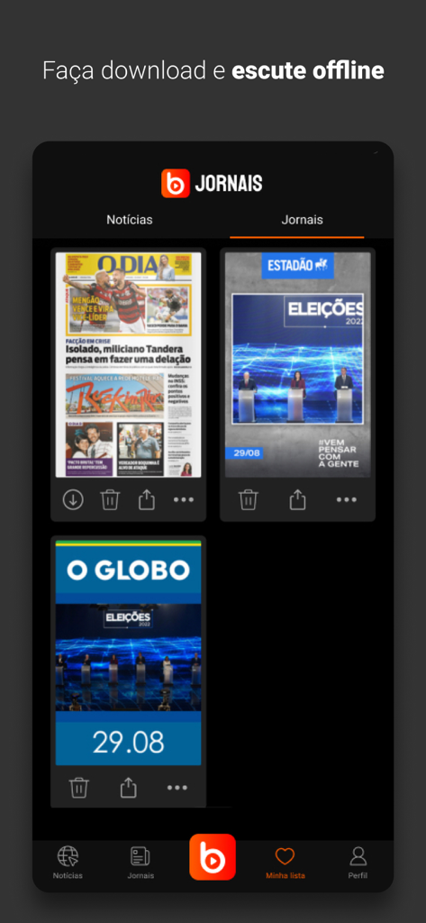 Ubook Jornais - Interface of the Ubook Jornais app displaying several Brazilian newspapers available for offline download and listening