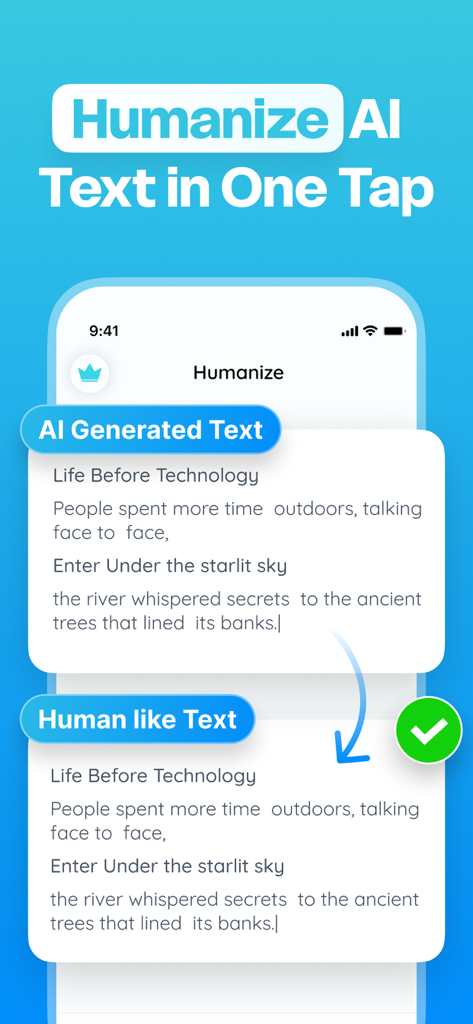 Humanize AI Text & AI Detector - Interfaccia dell'app Humanize AI Text che mostra una trasformazione da testo generato da IA a testo simile a quello umano
