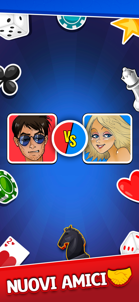 Rubamazzo Più - Card Games - Two illustrated avatars in a versus matchup with the text Nuovi Amici and various game icons
