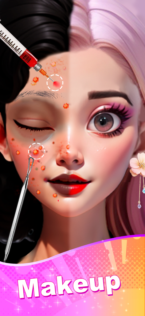 Sara's Secret : Merge&Makeover - A character makeover showing before and after makeup results in Saras Secret