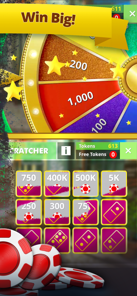 Domino Master - Dominoes Game - Screenshot of Domino Master mini games showing the Spin Wheel and Scratcher features to win chips.