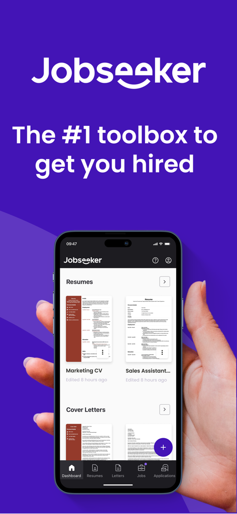 Jobseeker.com - A person holding a smartphone showing the Jobseeker app dashboard with professional resume and cover letter templates