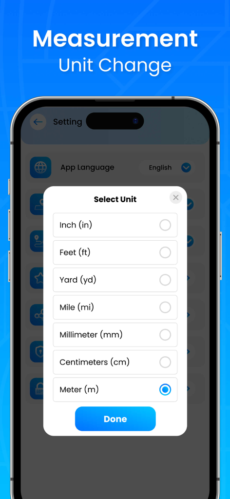 GPS Field Area & Land Measure - Interface of the GPS Field Area and Land Measure app showing a list of measurement units like feet, yards, and meters for selection.