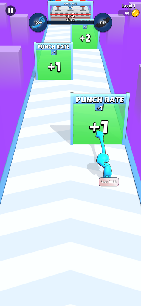 A blue character punches green gates to increase punch rate stats in the Punch Machine mobile game