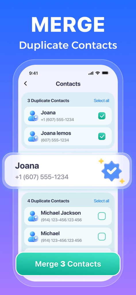 iPhone에서 중복 연락처를 병합하고 삭제하는 기능을 보여주는 AI Clean 앱의 인터페이스.