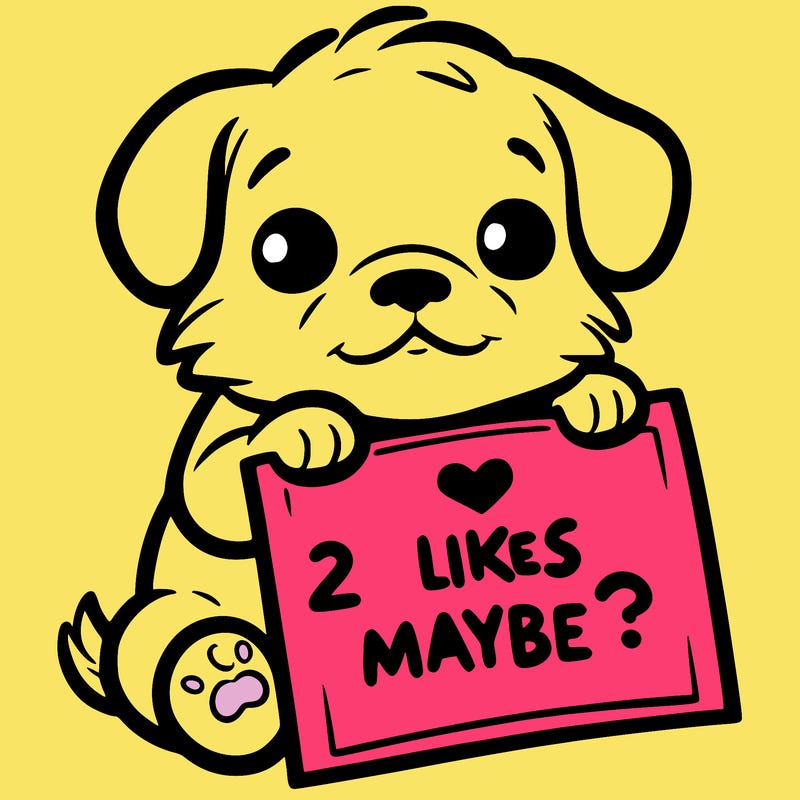 a puppy holding a sign that says 2 likes maybe?