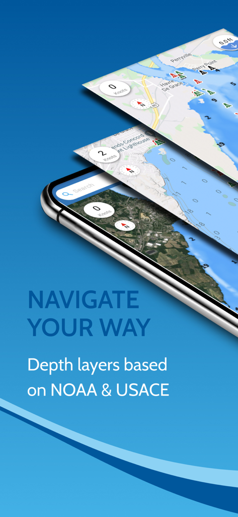 Argo boating app interface showing different map layers and NOAA depth charts on a smartphone