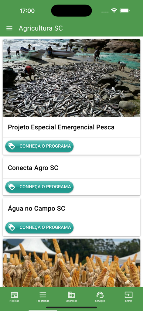Agricultura SC - Interfaz móvil de la aplicación Agricultura SC que muestra una lista de programas gubernamentales agrícolas y pesqueros regionales.