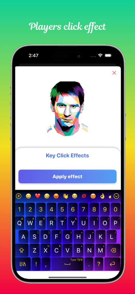 Type Geez Keyboard app interface showing a custom players click effect with a colorful portrait of Lionel Messi and a vibrant neon-colored keyboard.