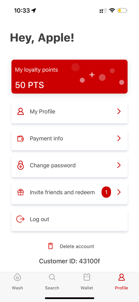 Co-op Car Wash - Profile screen of the Co-op Car Wash app showing user loyalty points and account settings
