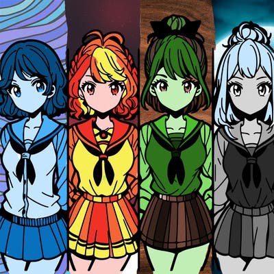 4 manga characters in a row girls