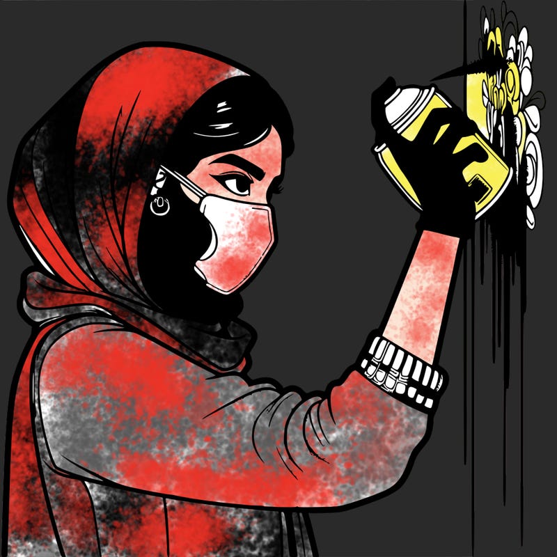 realistic girl with mask spray painting a wall