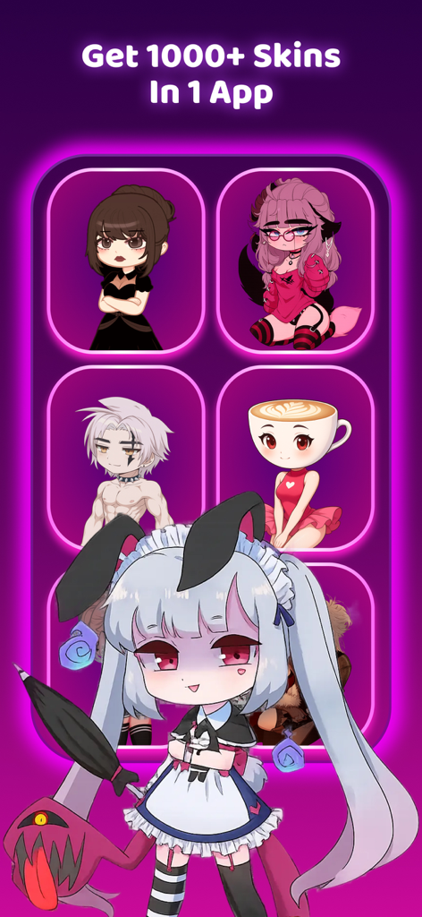 Gacha Nox - Nebula & Heat Mods - A collection of unique Gacha character skins and mod designs displayed on a purple background.