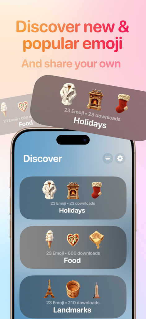 Emoji Hub: Packs for Ai Emoji - iPhone screen displaying AI emoji sticker packs for categories like holidays food and landmarks