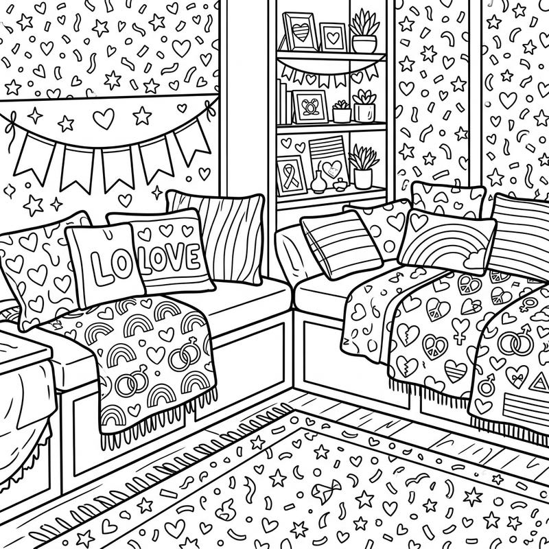 Immerse yourself in a heartwarming celebration of love and diversity with this charming Pride-themed coloring page. Discover cozy bedroom benches adorned with rainbows, hearts, and joyful patterns, perfect for expressing your creativity.