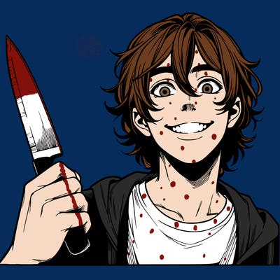 teenage realistic guy with long ish hair holding a knife and has a big grin