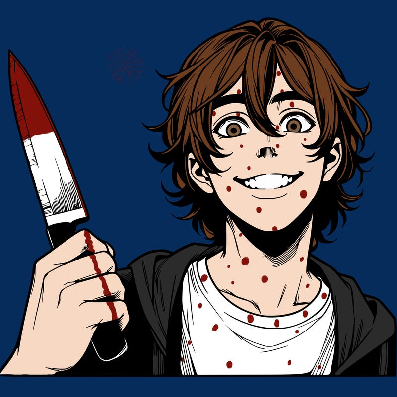 teenage realistic guy with long ish hair holding a knife and has a big grin