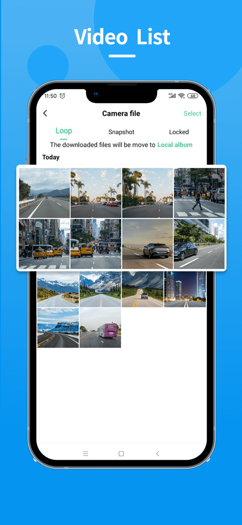 VeeCar - Smartphone screen displaying the VeeCar app video list with thumbnails of driving footage