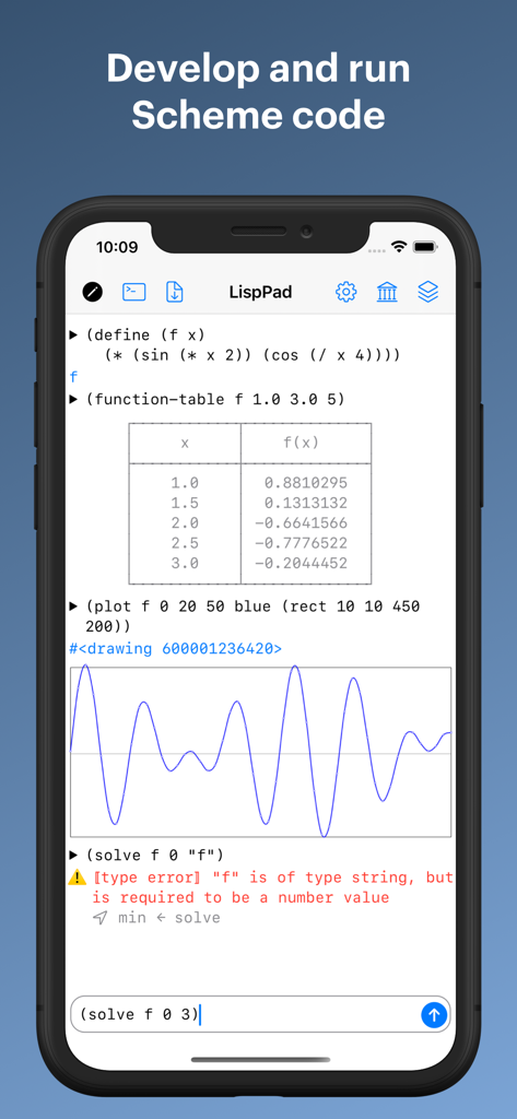 LispPad Go - LispPad Go interface showing Scheme code execution with a data table and a function plot on an iPhone